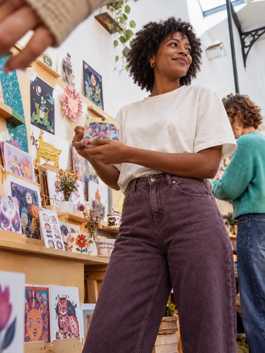A shopper holding a mug at a market stall