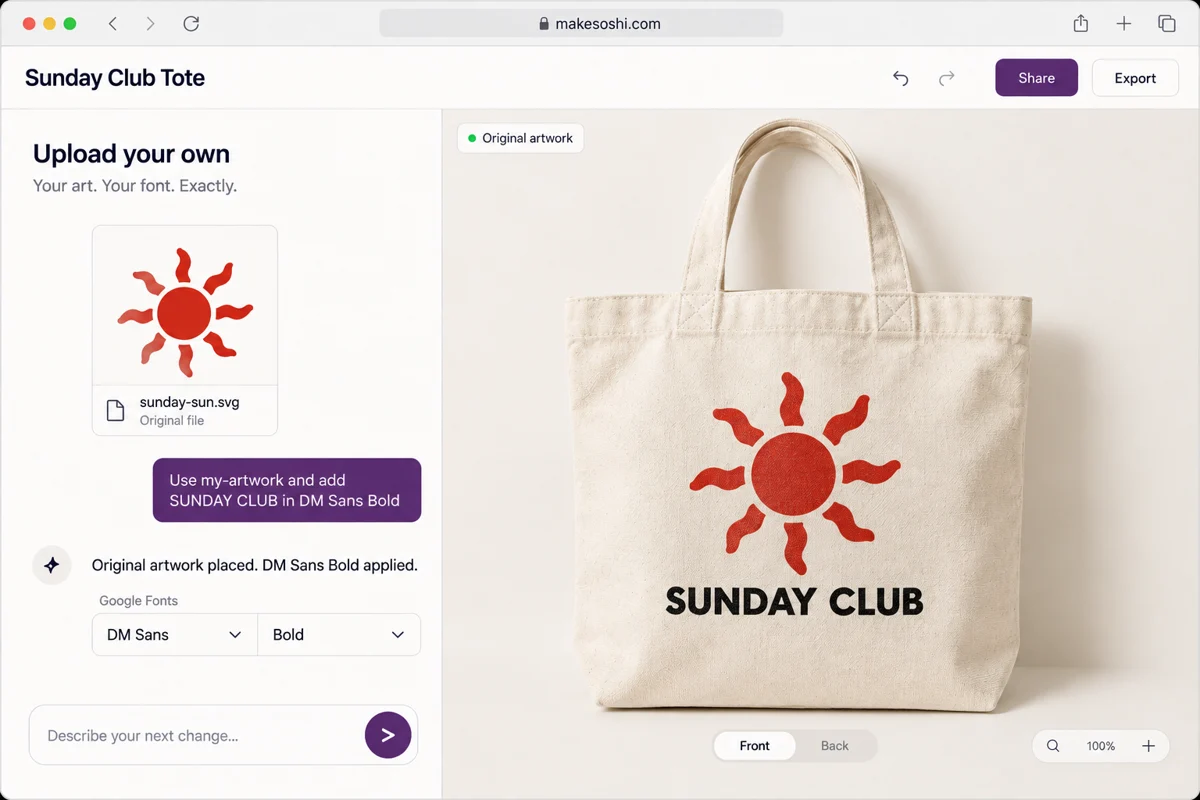Uploading your own art and font to a Soshi tote