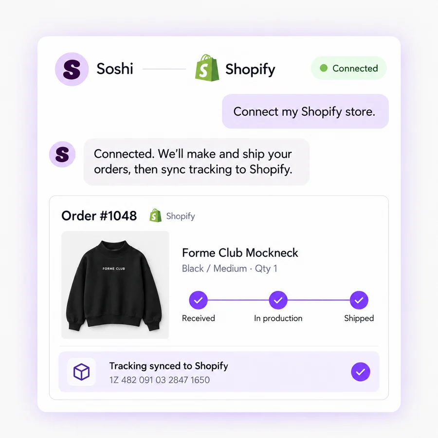 Soshi connected to Shopify with tracking synced
